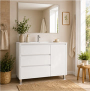 Mobile Bagno VOLUM Già Montato 3 cassetti e porta, lavabo e specchio Bianco lucido 90x45 cm