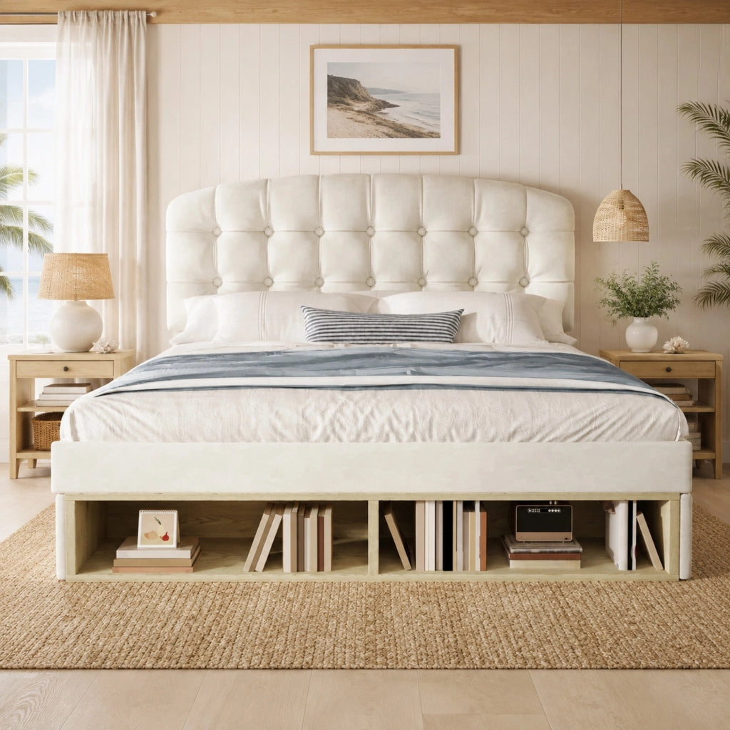 DESMIU Letto matrimoniale 140 × 200 cm 2 posti con testiera regolabile, cassetti e contenitore, senza materasso, beige