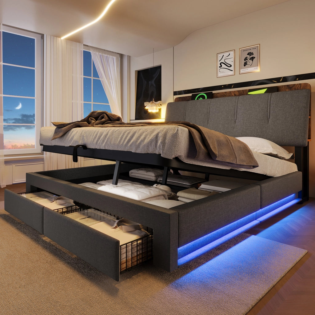 LETTO Contenitore 140x200 cm Grigio in lino con USB e Type-C