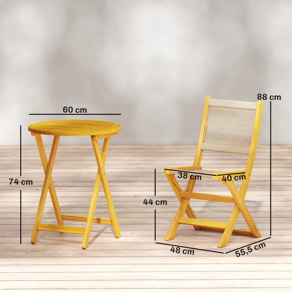 Tavolo da pranzo rotondo allungabile con sedie pieghevoli ¨C zephmum ¨C legno acacia, corda PP, naturale