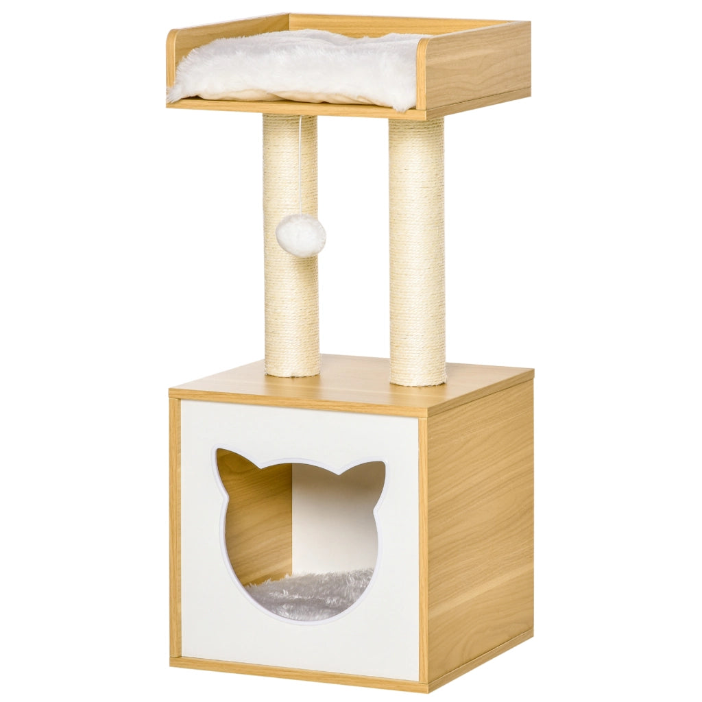 Casetta per Gatti con Pali Tiragraffi in Sisal, Cuscini Lavabili e Pallina ¨C zephmum ¨C Quercia 35x35x81cm