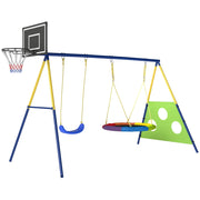 Set Altalena da Giardino 4 in 1 per Bambini 3-8 Anni con 2 Altalene Canestro e Porta da Calcio Multicolore