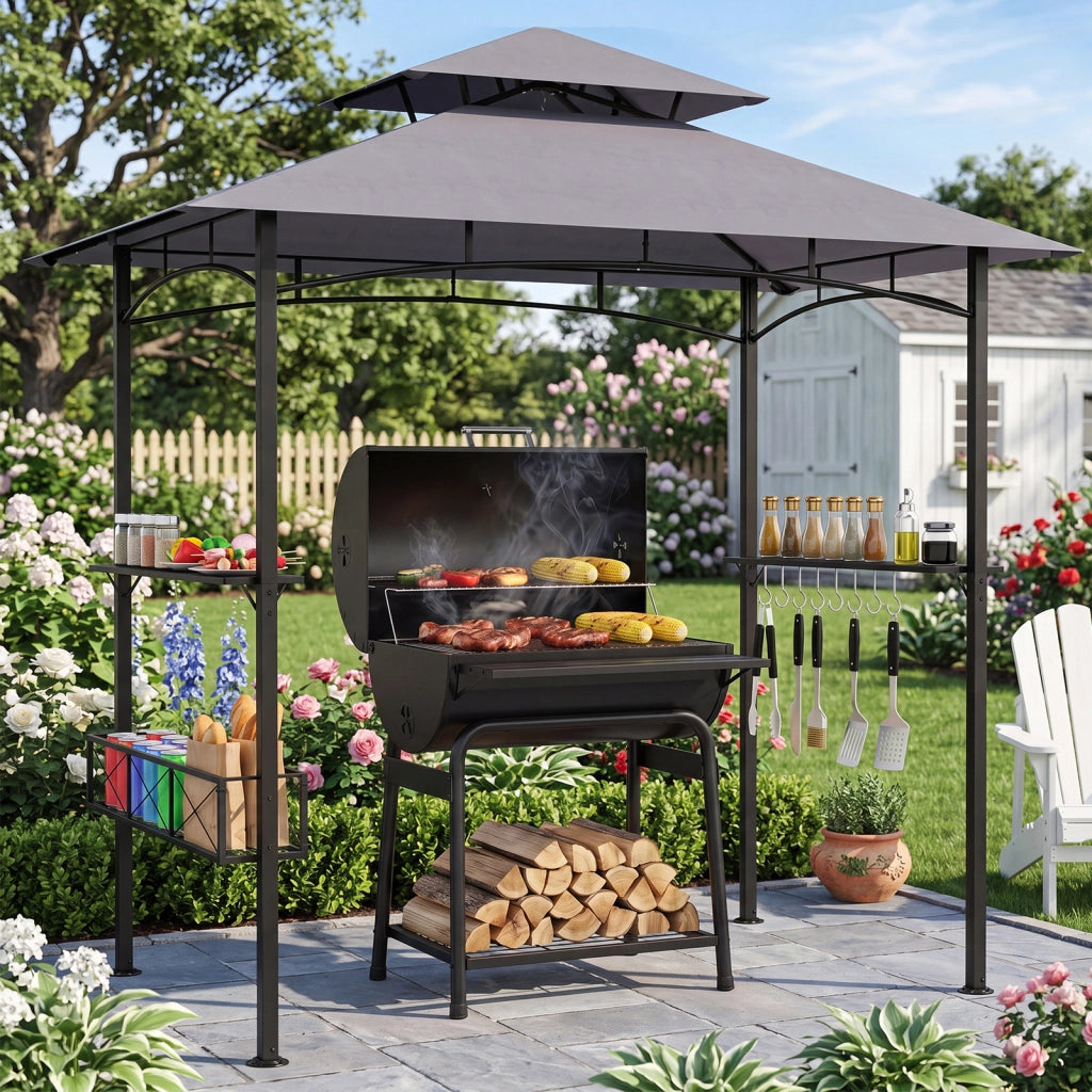 Gazebo per barbecue con cestino portaoggetti 2 ripiani e 8 ganci protezione solare, Gazebo da giardino a 2 livelli Grigio
