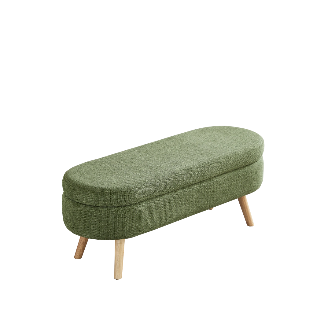 Panca contenitore 110 cm in chenille verde, struttura MDF robusta, con vano portaoggetti e fori di ventilazione