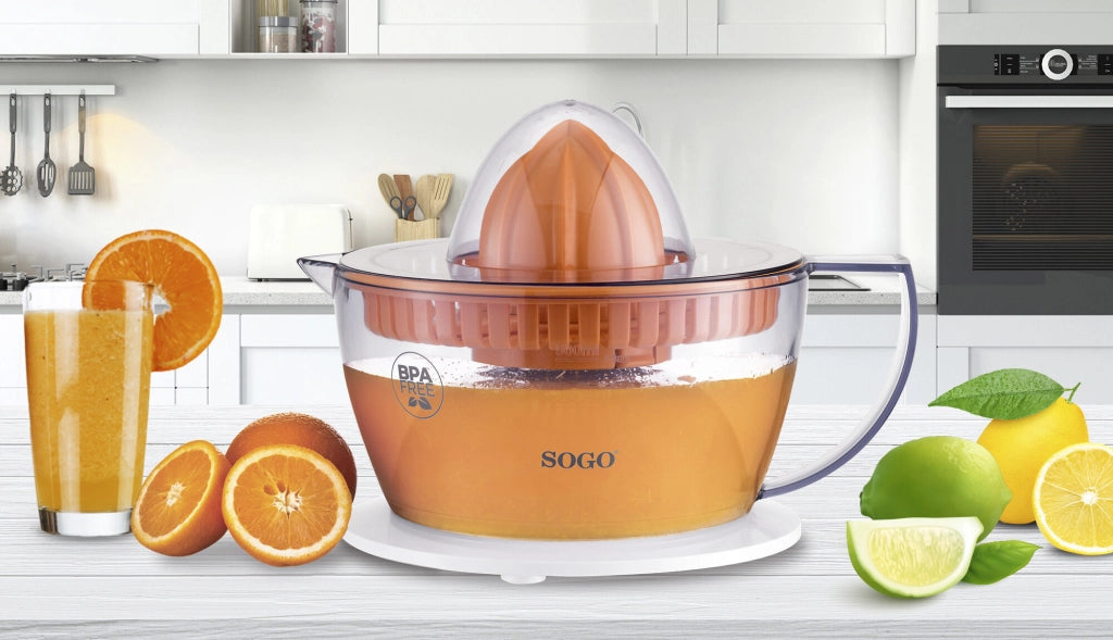 Spremiagrumi elettrico 0,5L con doppio cono e rotazione bidirezionale, 40W con avvio automatico e caraffa BPA free - Sogo