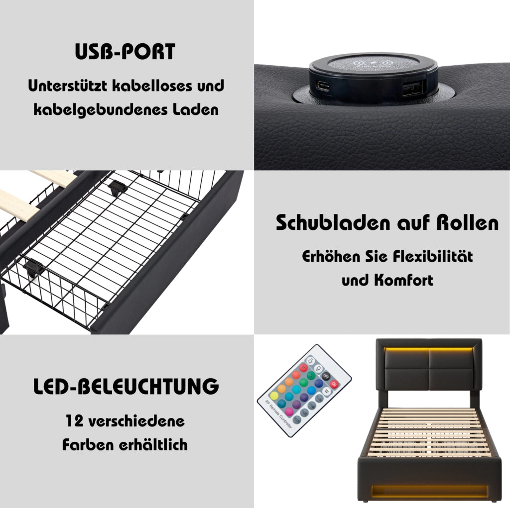 Letto imbottito 90x190 cm con USB; luce LED e 4 cassetti; in PU nero