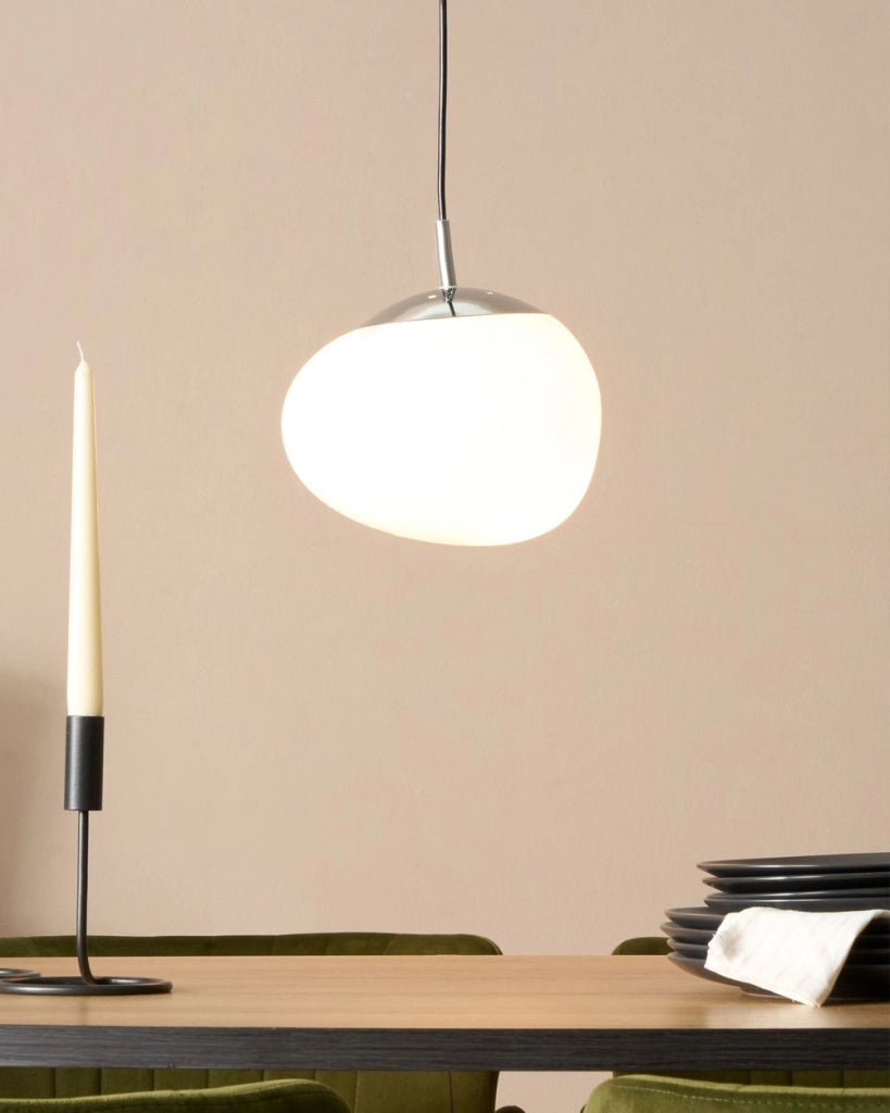 Lampada a Sospensione Vetro Bianco Elementi Argento Forma Irregolare 1 Luce Moderna