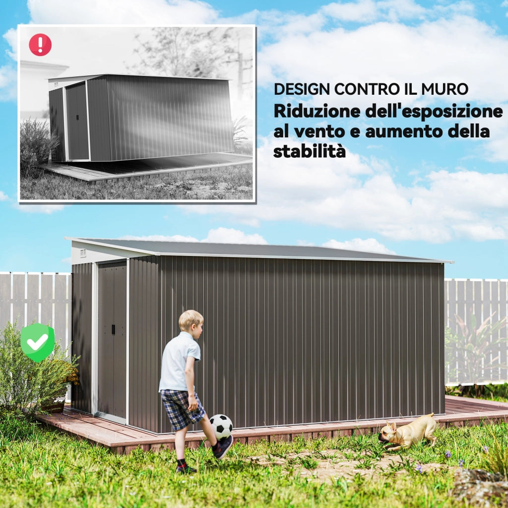 Casetta da Giardino con Porta Scorrevole, in Acciaio, 345x280.5x169-201cm, Grigio