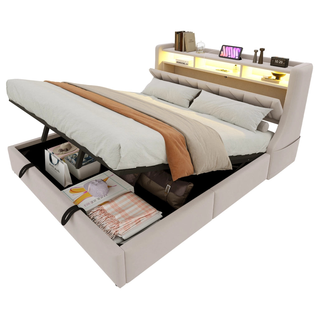 Letto matrimoniale contenitore 180x200 cm con testiera ribaltabile; prese; LED e piedi maggiorati; velluto beige