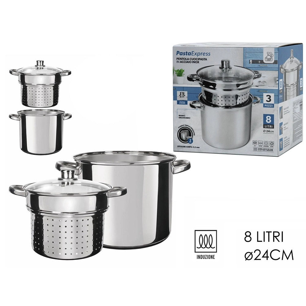 Trade Shop - Set 3pz Pentola Cuocipasta In Acciaio Scola Pasta Con Coperchio Manici ø24cm 8lt Induzione -