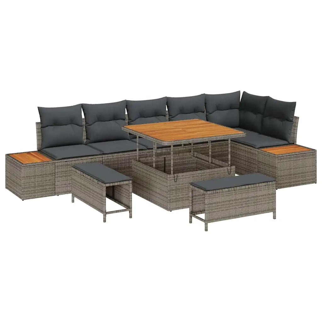 Set Divano da Giardino con cuscino 9 pcs Grigio Poly Rattan