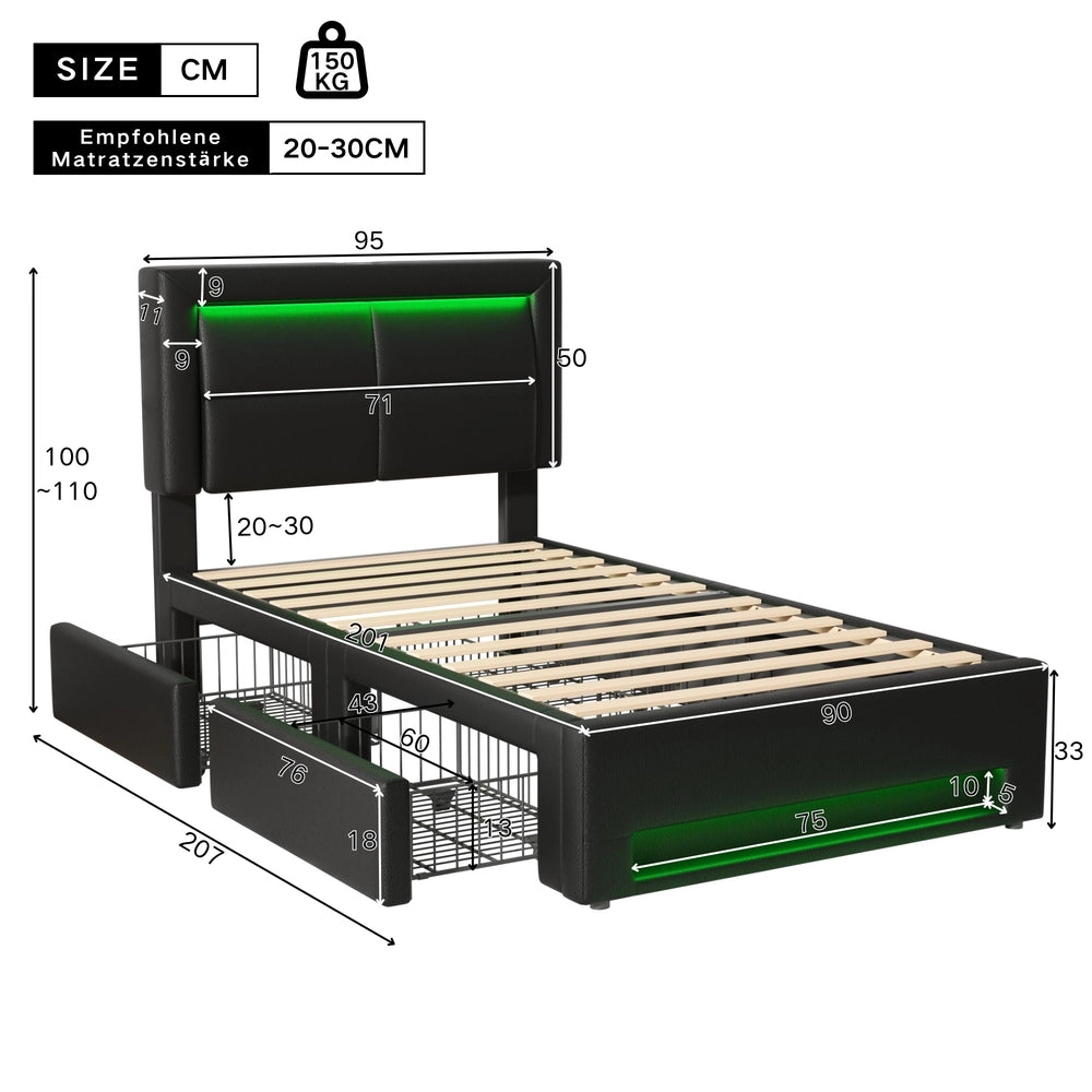 Letto Imbottito con LED e Cassetti ¨C MINIMAL ¨C Similpelle Nero 90x200
