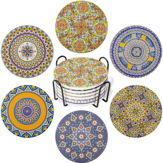 Sottopiani in ceramica con supporto per bicchieri, sottopiani per bevande, sottopiani per tavolo in stile bohemien per bicchieri, calici e vasi, confezione da 6 pezzi