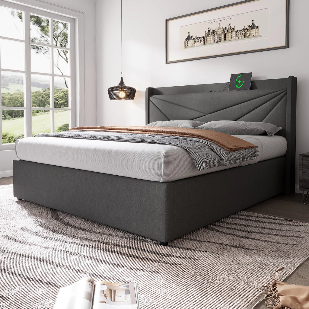 OKWISH Letto Contenitore 140×200 cm, Letto Matrimoniale con USB, Tipo C e Testiera, senza Materasso, in Tessuto Lino Cotone, Grigio