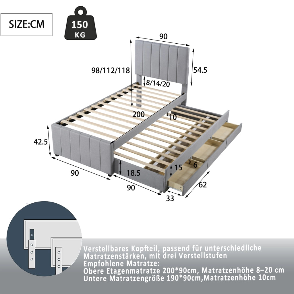 LETTO Imbottito 204 x 90 x 118 cm Grigio con letto estraibile e 3 cassetti