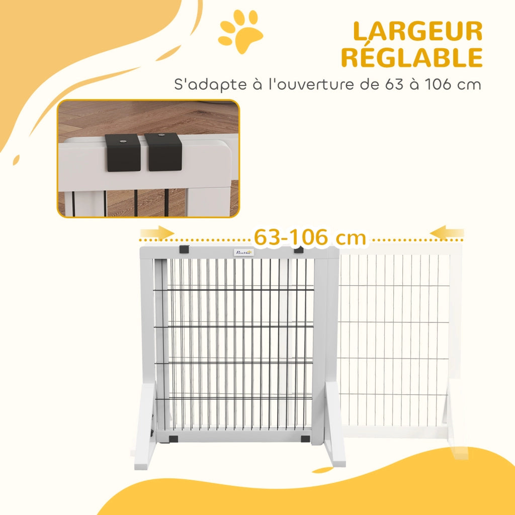 Cancelletto di Sicurezza per Cani ¨C Xylo ¨C 2 Pannelli Regolabile 63-106 cm Legno Acciaio Bianco