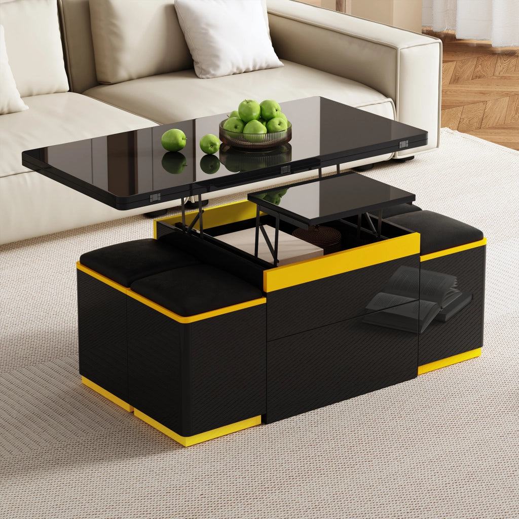 Tavolino da Salotto Sollevabile con 4 Pouf e Contenitore per Soggiorno 100 × 50 × 43 cm