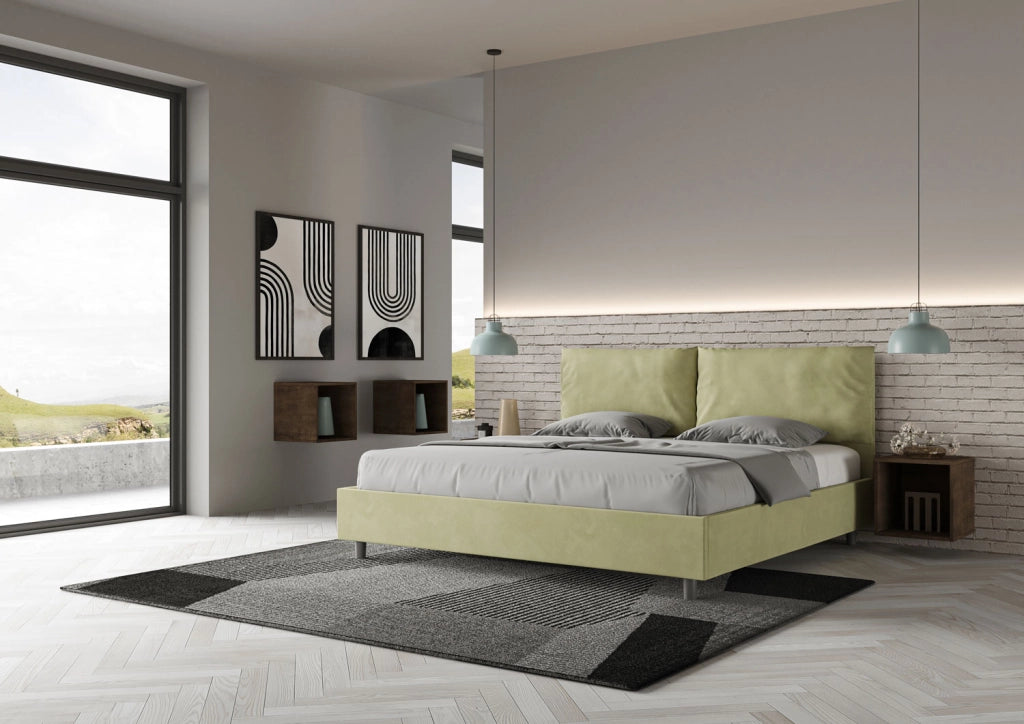 BS COM Letto matrimoniale king size contenitore imbottito 190x200 microfibra tè verde Large