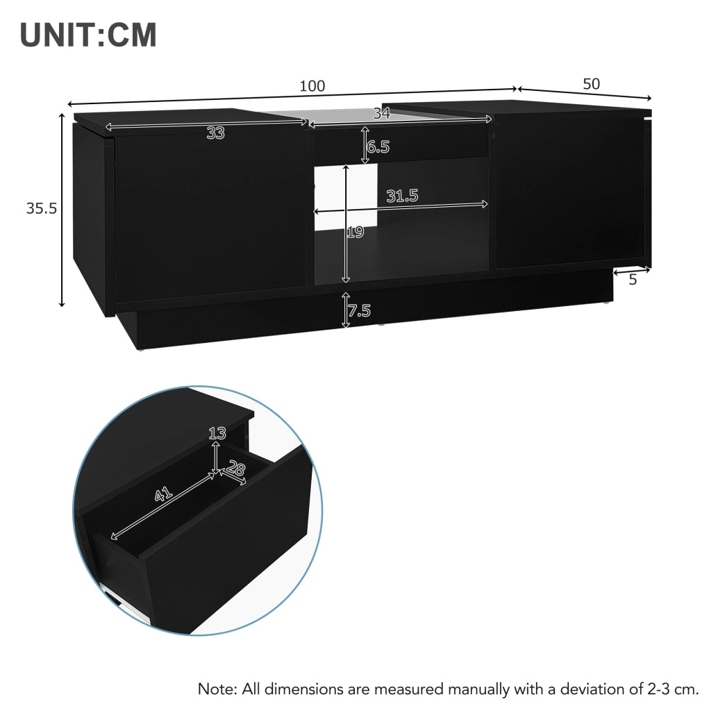 Tavolino da salotto nero con vetro e LED - Zephmum- 100x50x35,5 cm controllo app, 2 cassetti