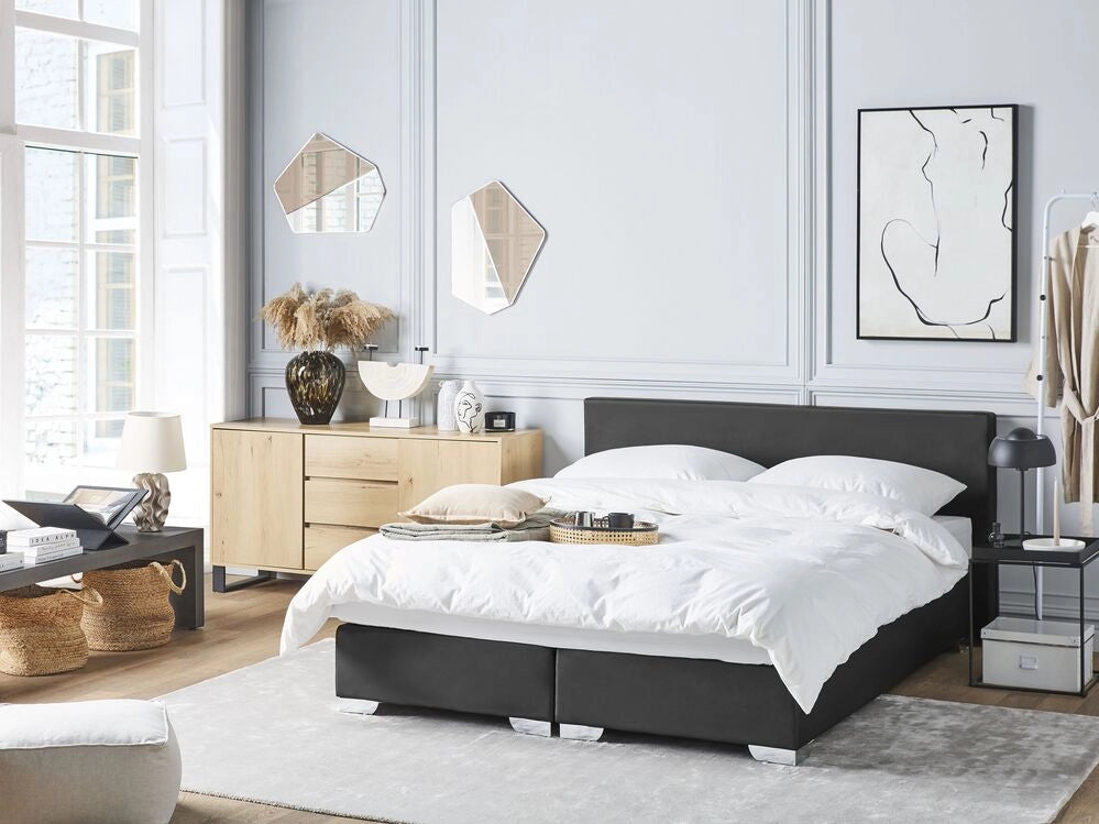 Letto continentale 160 x 200 cm in ecopelle nera con materasso a molle insacchettate