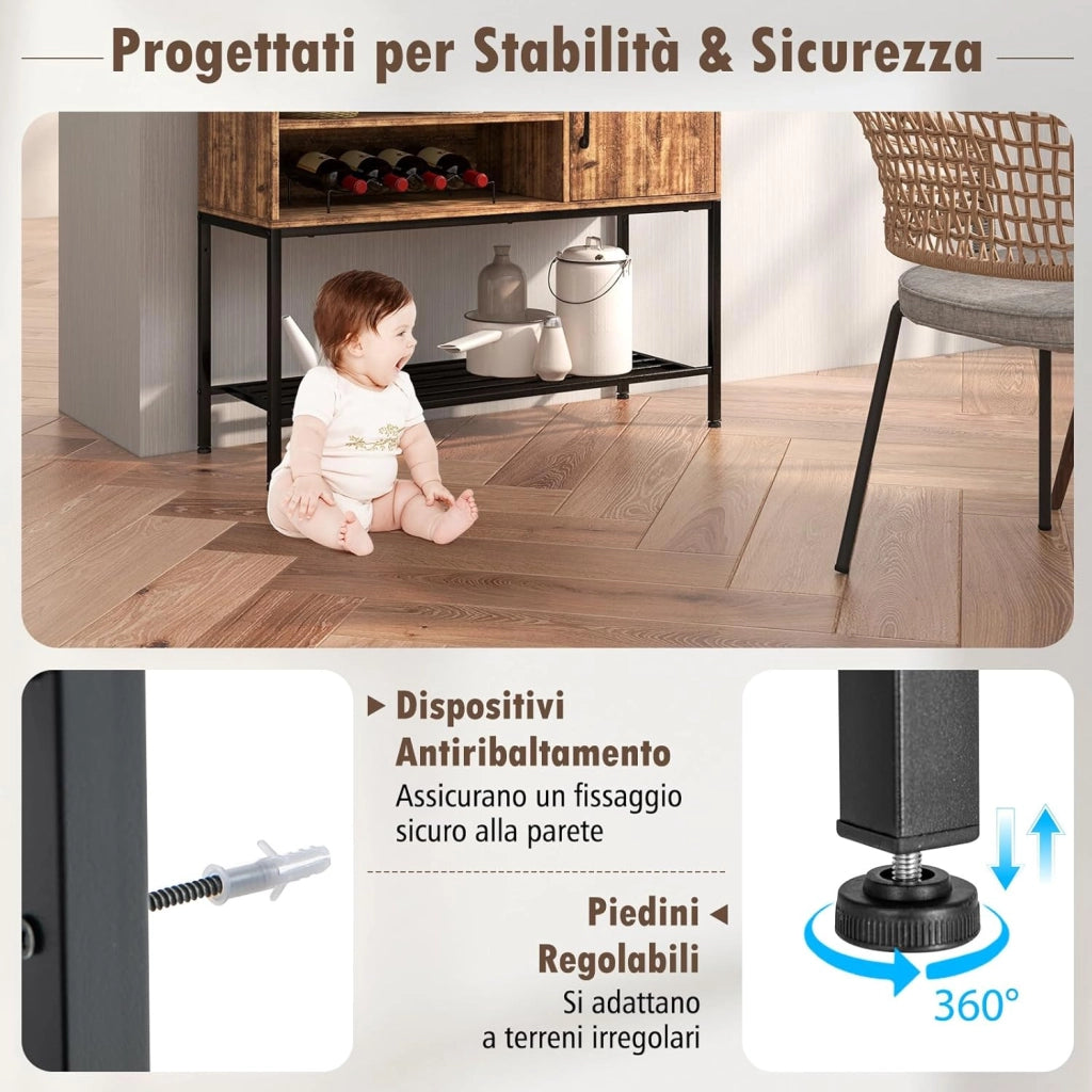 Credenza Buffet da Cucina, Mobile da Cucina con Prese Elettriche e Porte USB, con Portabottiglie e Mensole, per Sala da Pranzo, Soggiorno e Ingresso, 100 x 35 x 83 cm (Marrone)