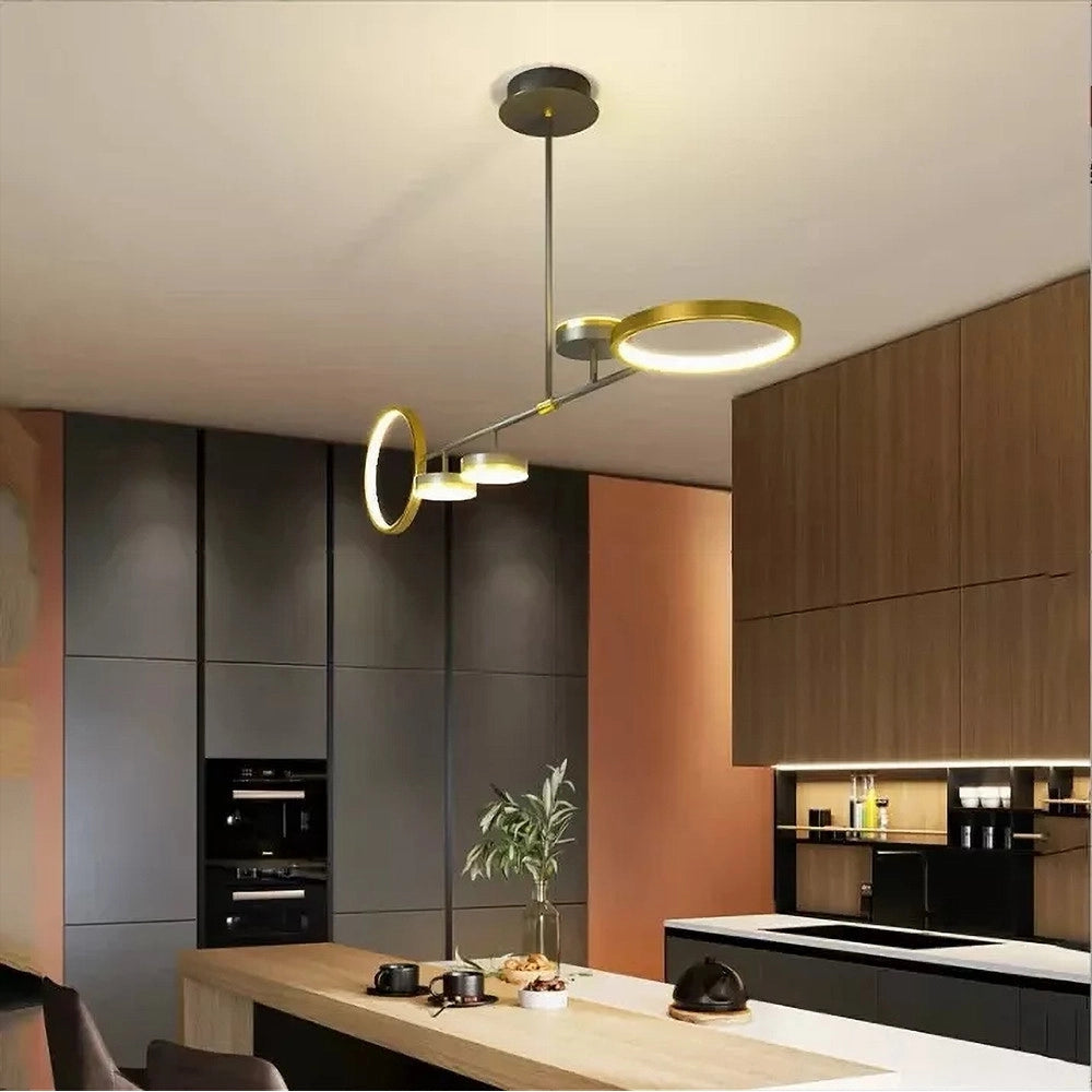 Trade Shop - Lampadario A Sospensione Led 37w Con 5 Cerchi Orizzontale Nero Oro Luce Fredda 71361 -