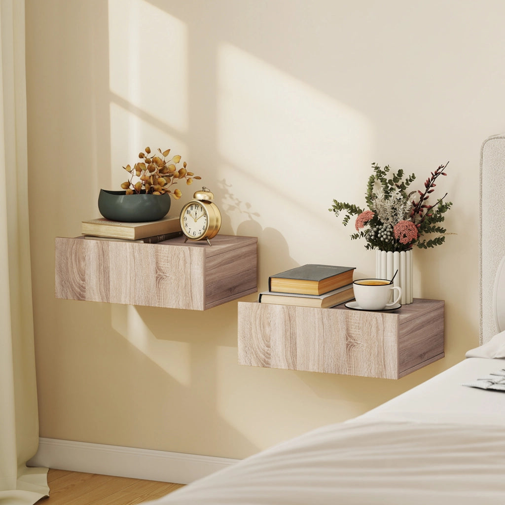 Comodino da Parete Sospeso ¨C Xylo ¨C 2 Pezzi con Cassetto Rovere 40x30x15cm