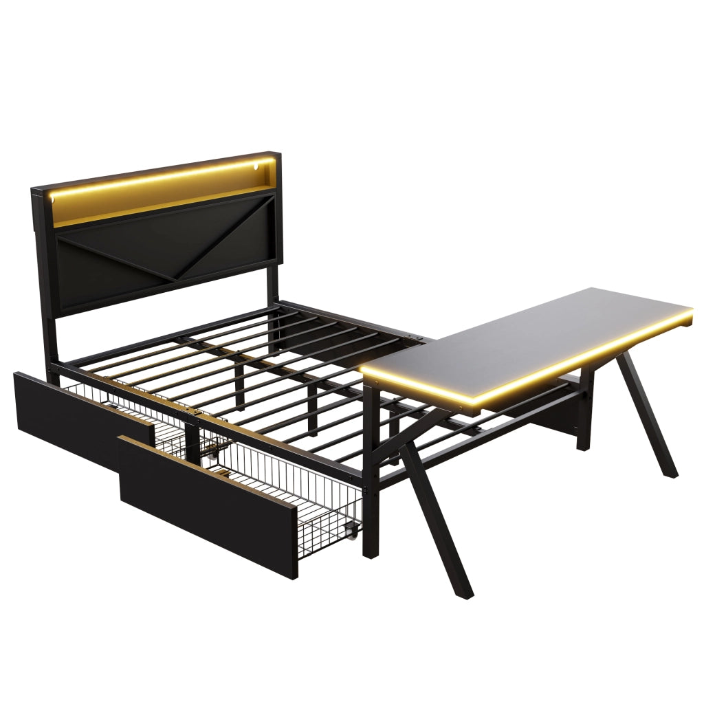 Letto Singolo 140x200 cm con LED; Scrivania e 2 Cassetti in Metallo e MDF - Nero