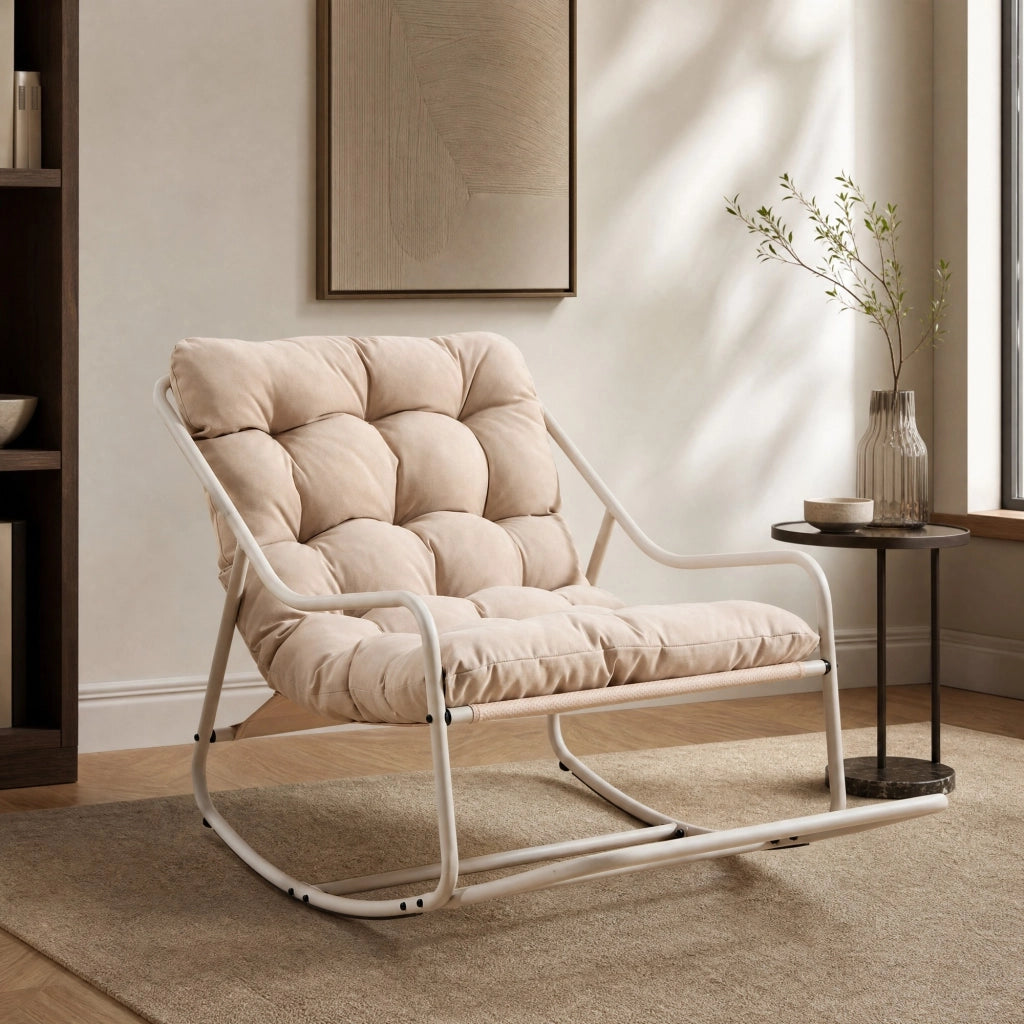 Sedia a dondolo da esterno con cuscino spesso, struttura in acciaio, beige