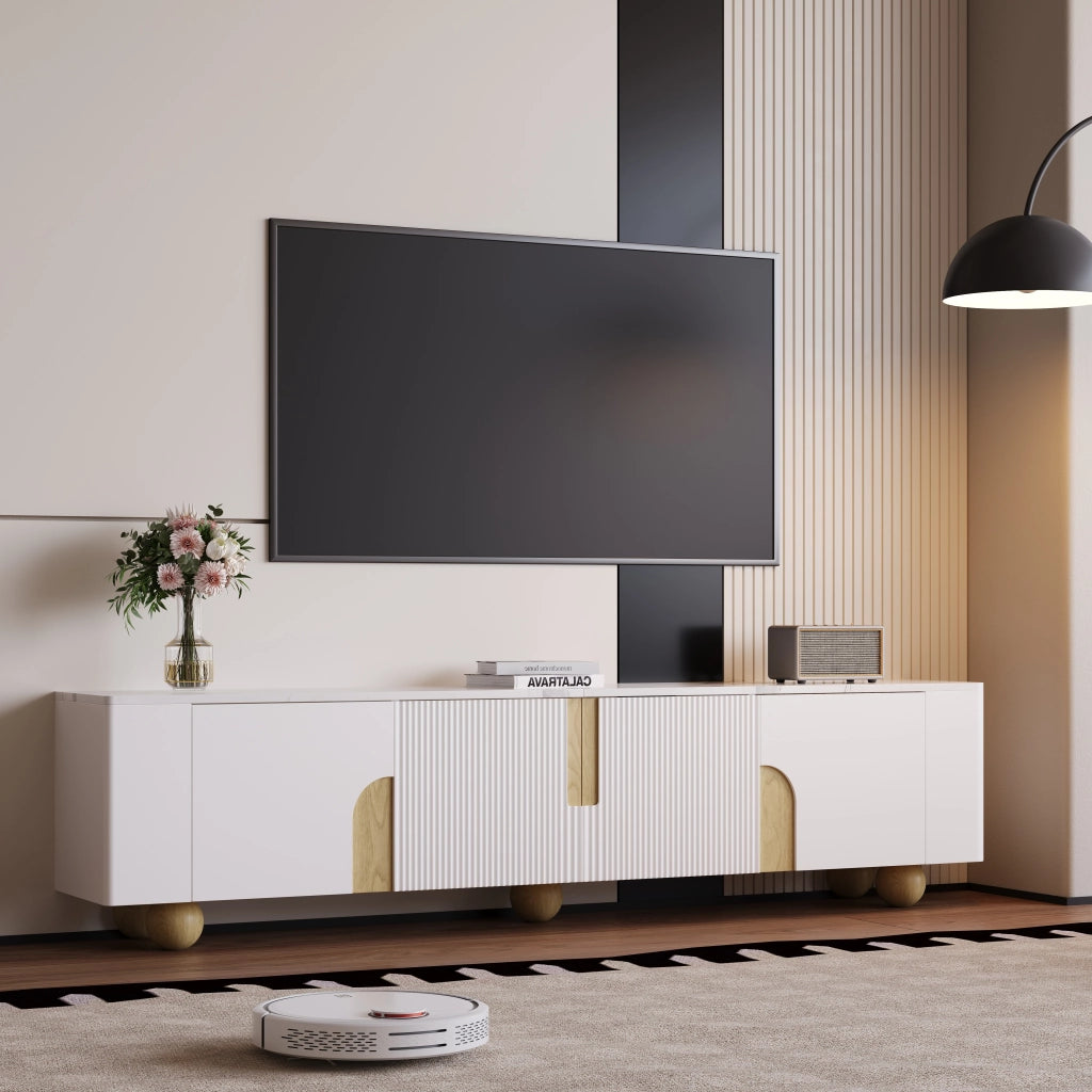 Cassettiera per TV bianca e legno; MDF e truciolare; lunghezza 180 cm