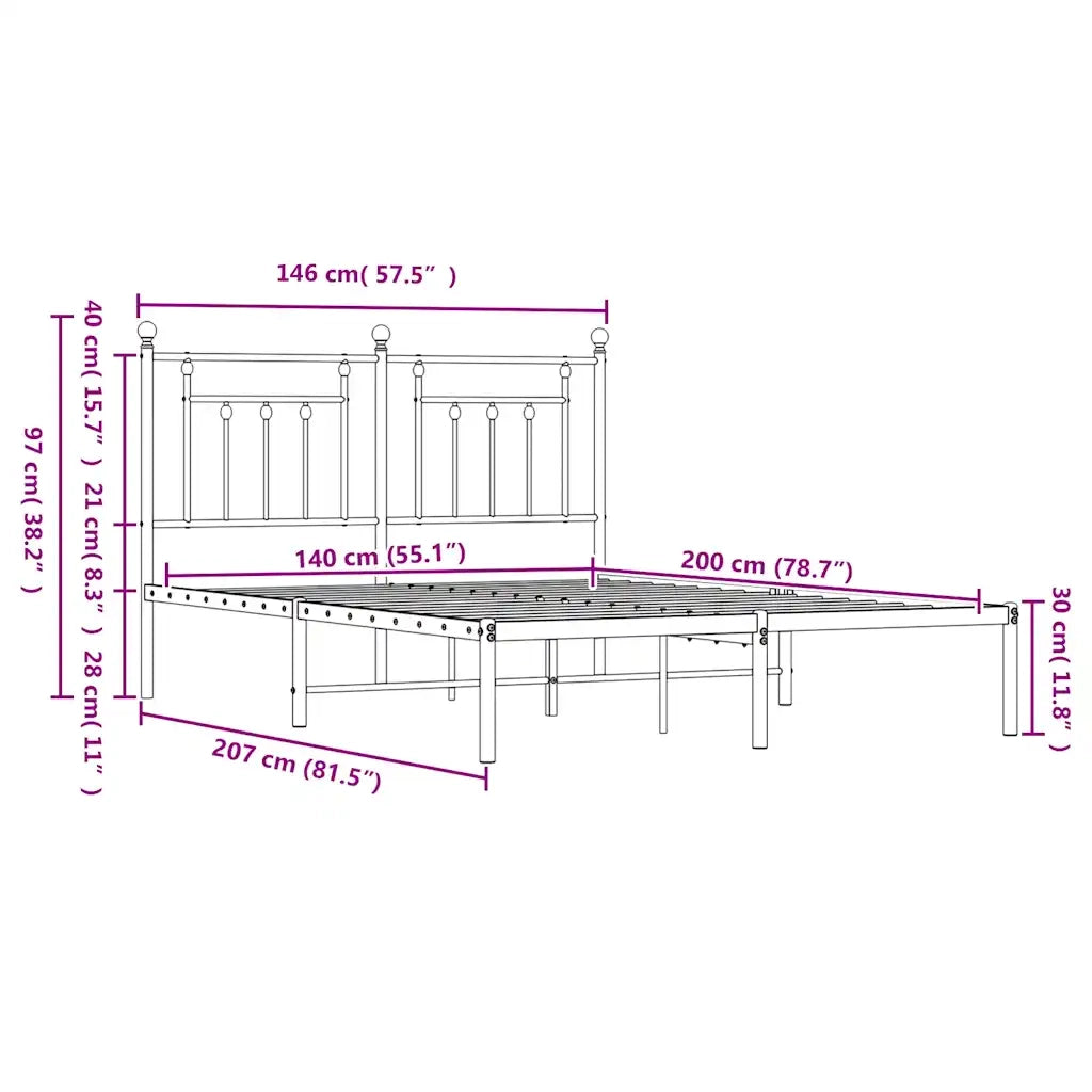 Letto matrimoniale | Letto per adulti | Giroletto con Testiera Metallo Bianco 140x200 cm