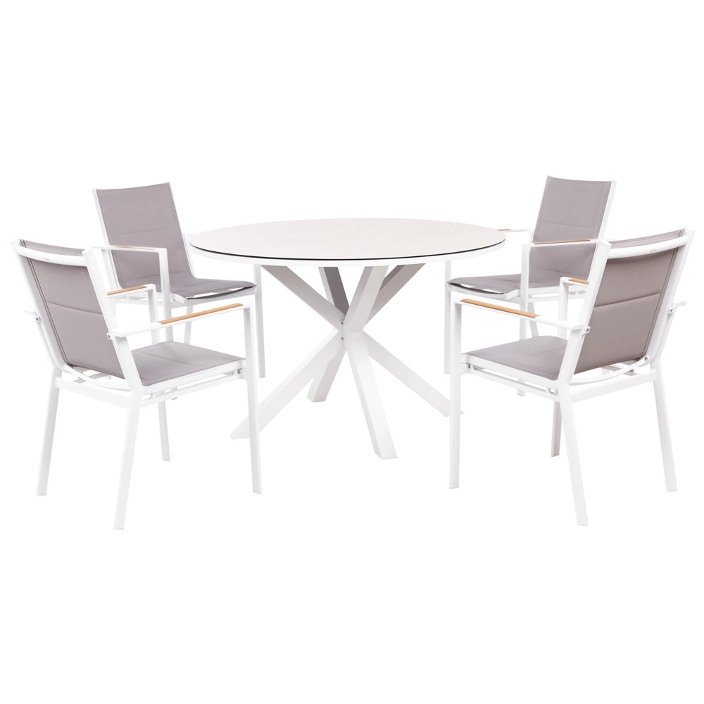 Set da pranzo 4 posti composto da tavolo in alluminio con piano in vetro ceramico e sedie con cuscini grigi giardino terrazzo elegante