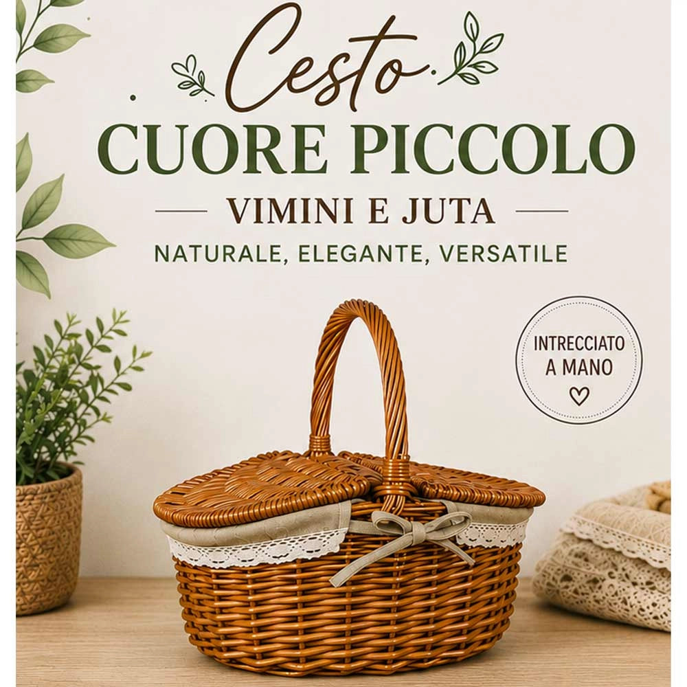 Cesto Picnic Cuore piccolo in Vimini e Juta con coperchio cm 35 x 25 x h 17