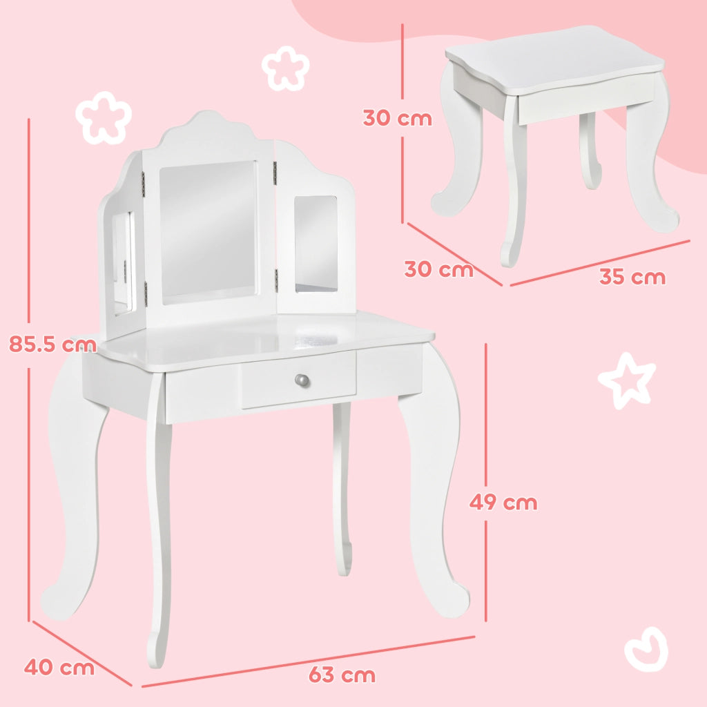 Tavolo da trucco bambini con sgabello e specchio ¨C Minimal ¨C Legno e acrilico bianco 63x40x85.5