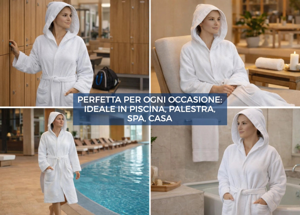 Accappatoio Con Cappuccio In Morbida Spugna Mod. Boutique Tinta Unita Bianco - M-L - Bianco