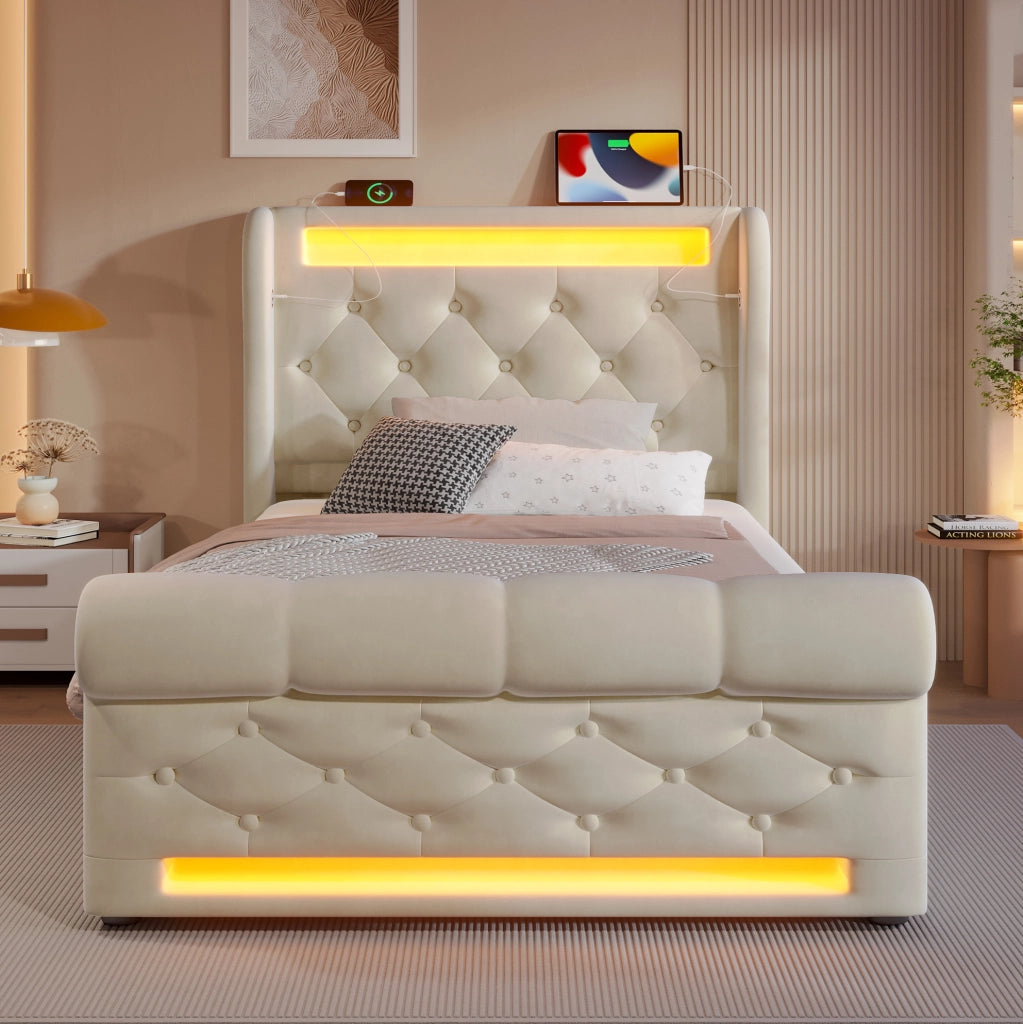 Letto imbottito con LED, ricarica USB e materasso incluso