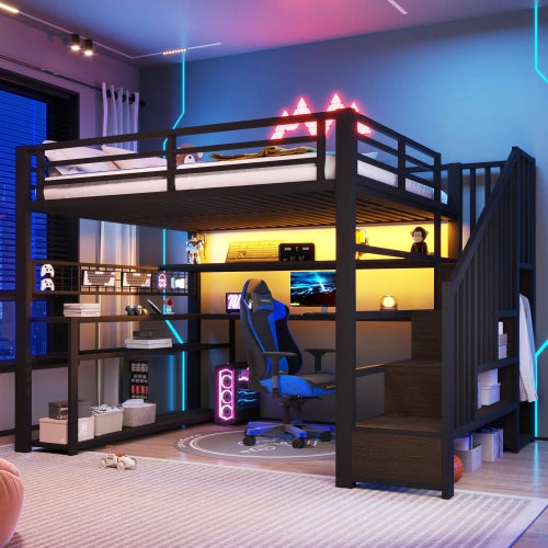 Letto a soppalco con scrivania e armadio 140x200 cm LEMONMAX, LED RGB, scala contenitore, metallo e MDF, nero, per cameretta gamer
