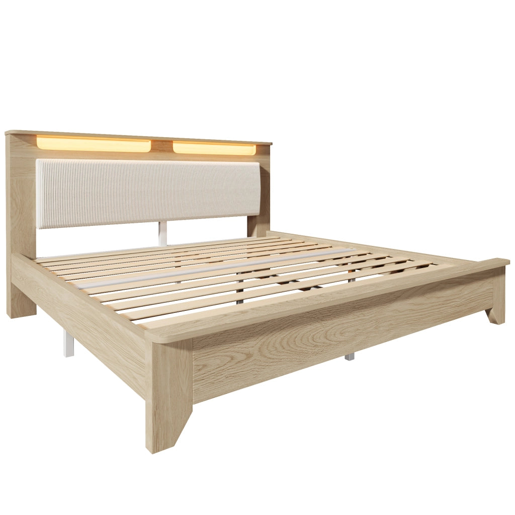 Letto matrimoniale in legno 160x200 cm con testiera portaoggetti; LED e schienale in velluto a coste; rovere chiaro e beige