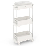 Carrello utilitario a 3 livelli con ruote bloccabili, Carrello di stoccaggio con coperchio e scaffali rimovibili Bianco-Carrelli