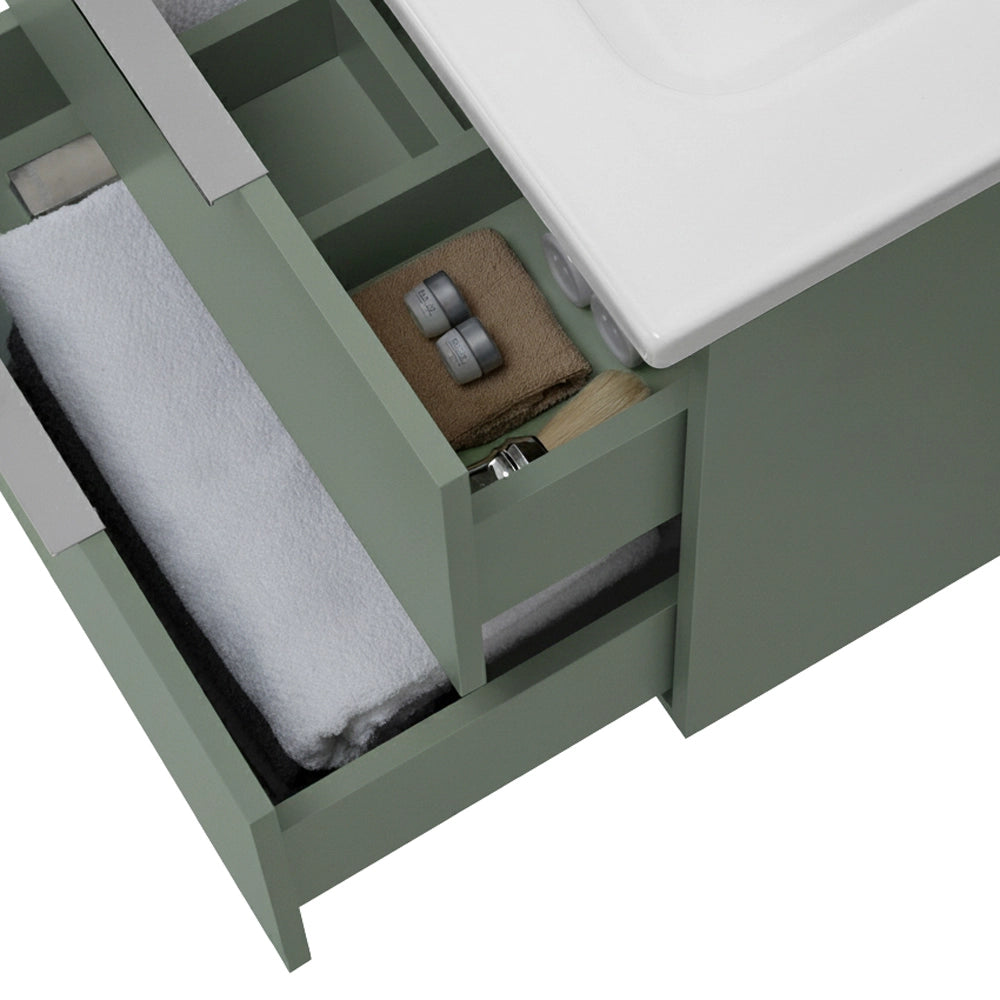 Mobile bagno sospeso 80cm verde opaco con cassetti lavabo e specchio Elva