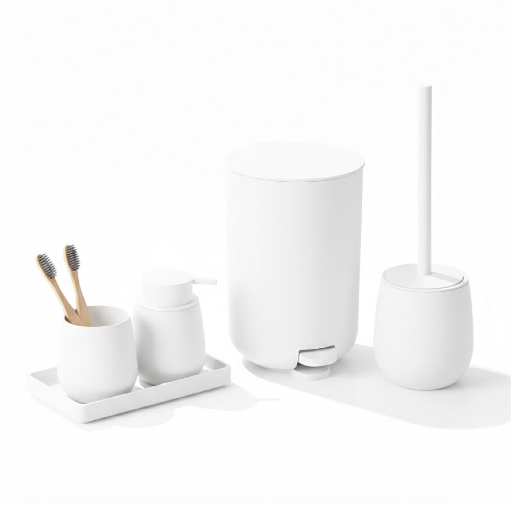 Set Accessori Bagno 6 Pezzi in ABS Completo Pattumiera con Pedale, Scopino WC, Dispenser Sapone, Porta Spazzolini, Bicchiere e Vassoio Antiscivolo Design Moderno e Resistente Bianco