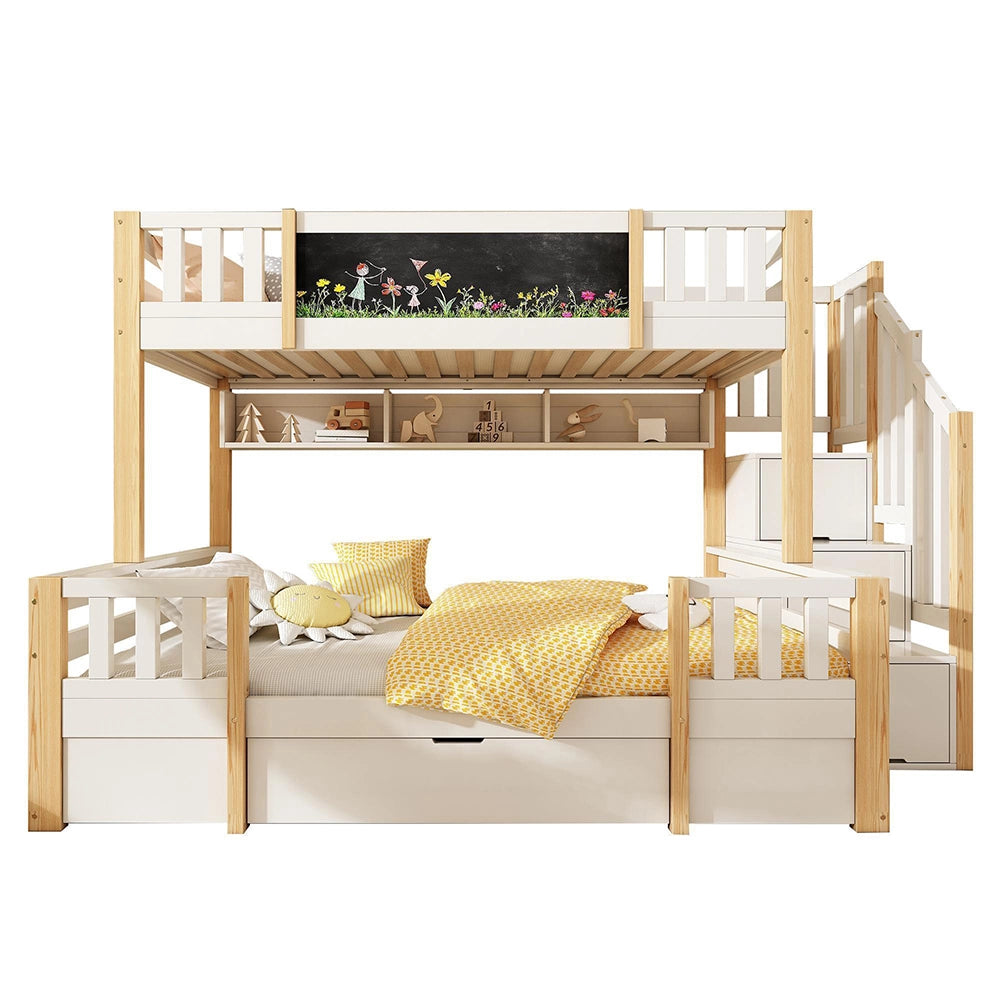 Letto a castello-Xylo-90+140x200cm lavagna scala con ripiano 2 cassetti armadio legno massiccio bianco naturale