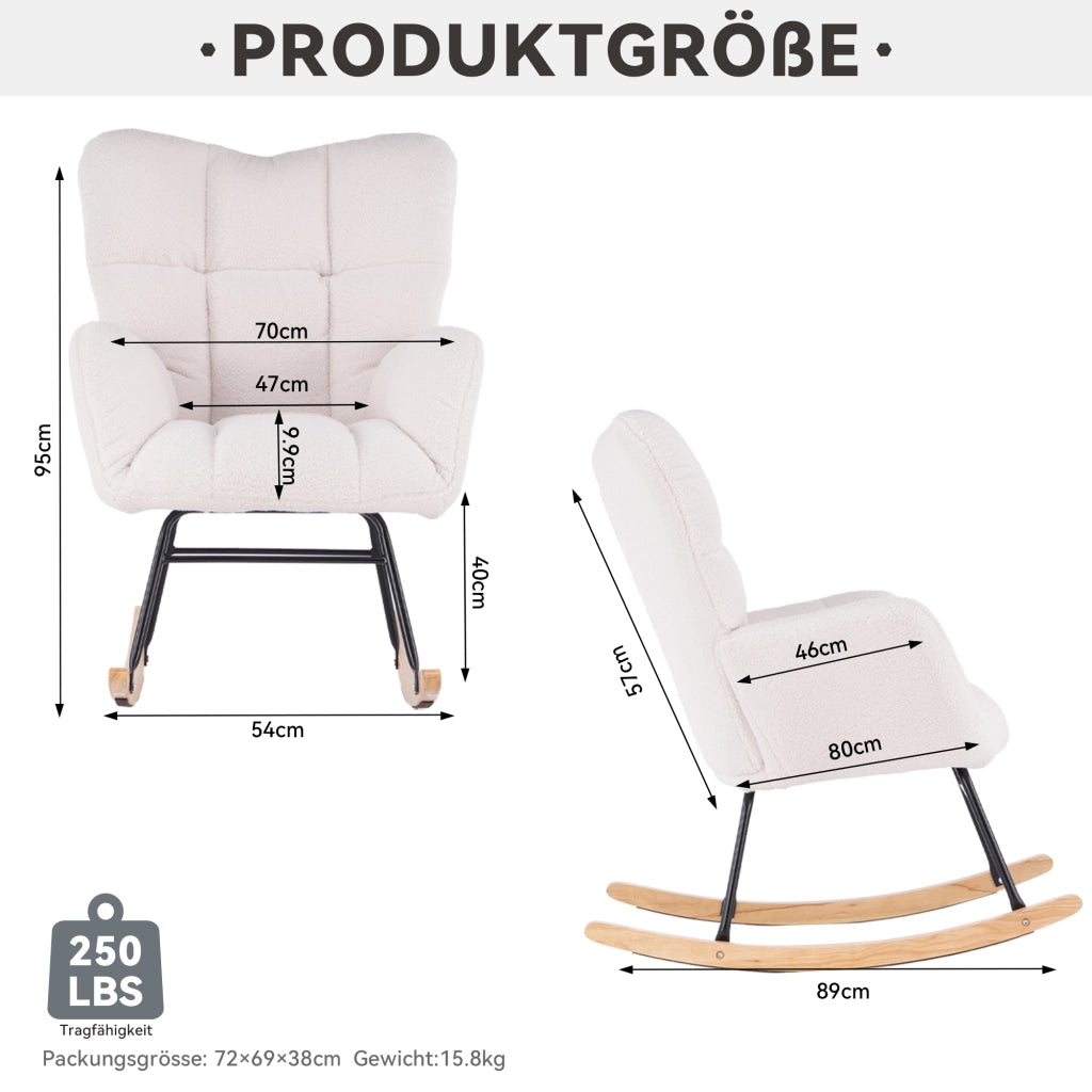 OKWISH Sedia a Dondolo con Schienale Alto Ergonomico e Braccioli Imbottiti, Struttura in Metallo e Legno, Teddy Bianco