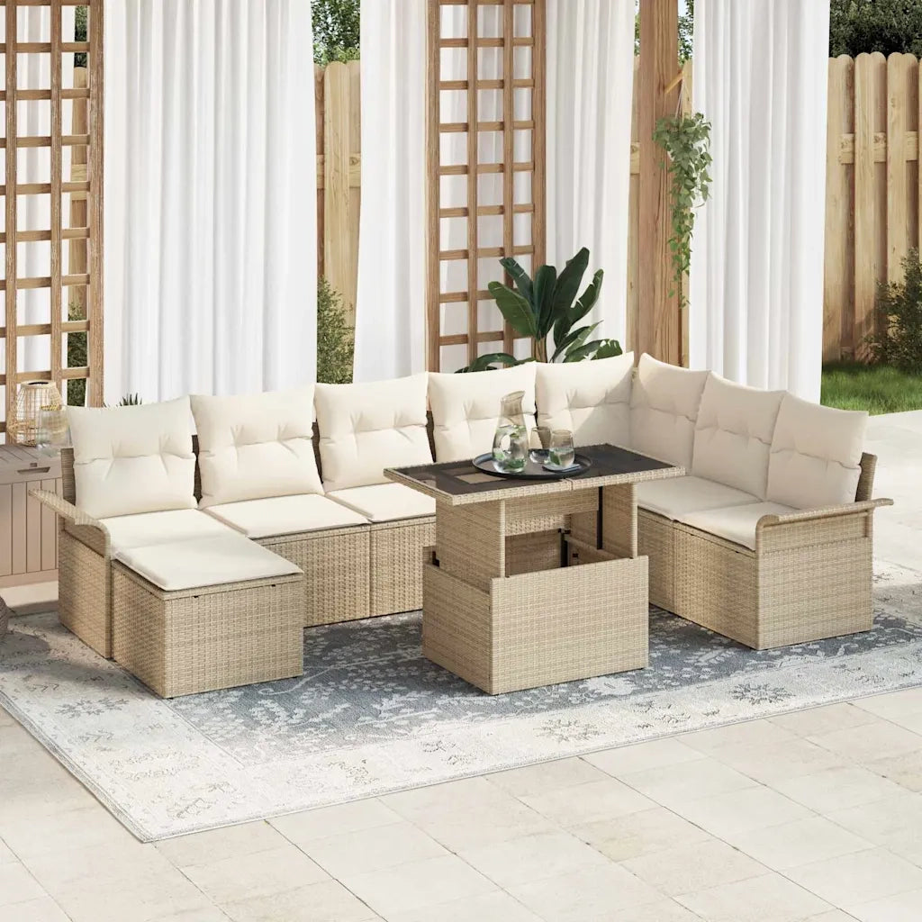 Set Divano da Giardino con cuscino 9 pcs Beige polyrattan