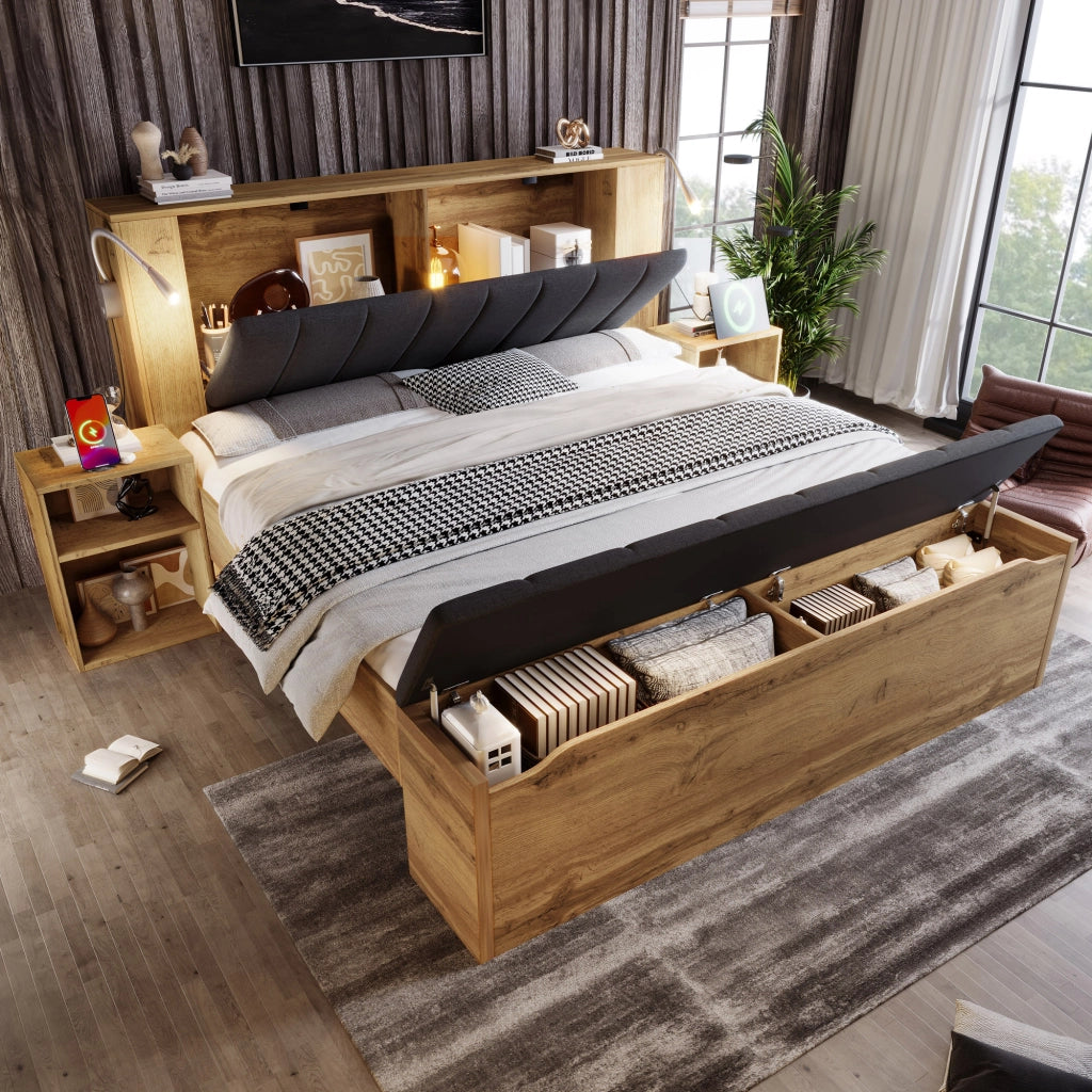 DESMIU Letto Matrimoniale 160 × 200 cm con Lampada da Lettura USB, 2 Comodini, Panca Contenitore, senza Materasso, Rovere