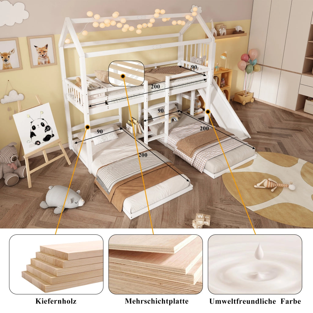LETTO A CASTELLO CON SCIVOLO E SCALA 90x200 cm BIANCO 3 POSTI