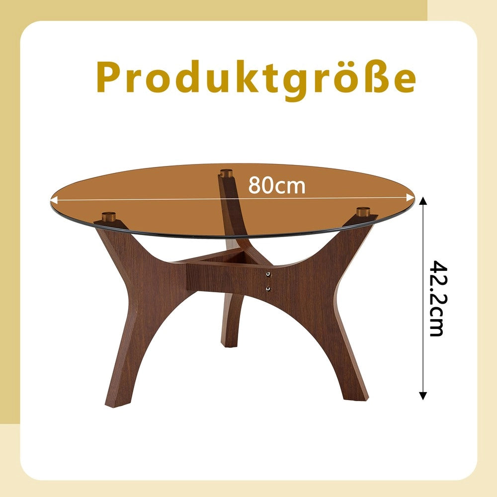 Tavolino da Caff¨¨ Rotondo ¨C MINIMAL ¨C Piano in Vetro Ambra, Struttura in Legno Marrone, 80cm