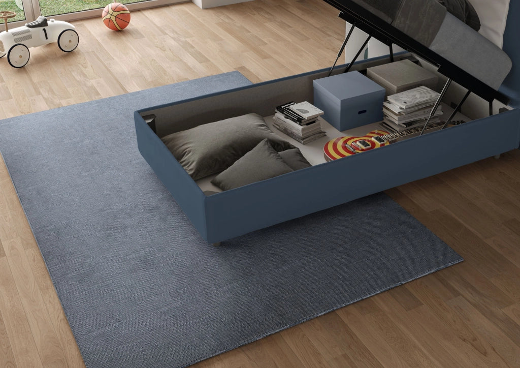 BS COM Letto singolo contenitore imbottito 90x200 microfibra blu
