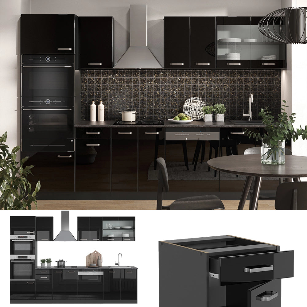 Vicco Cucina componibile Nero lucido/antracite 300 cm con armadio alto, PL Marmo