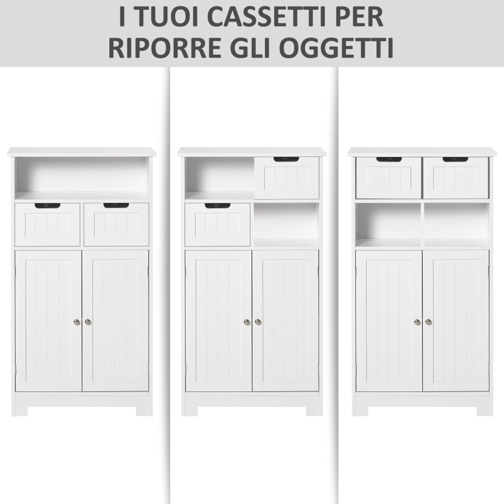 Mobile Bagno Multiuso Salvaspazio, Armadietto da Bagno con Armadietto 2 Ante, Mensola e 2 Cassetti Regolabili, 60x30x108.8cm, Bianco
